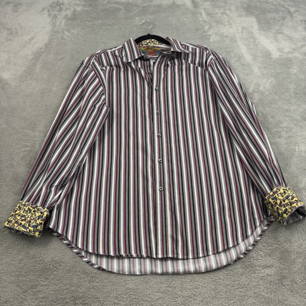 Robert Graham Beach Chair Flip Cuff Button‎ Up Shirt Mens XL Black Purple Stripe